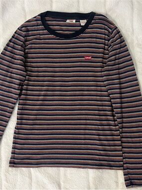 LEVIS Navy Long Sleeve Striped Tee with Red Logo